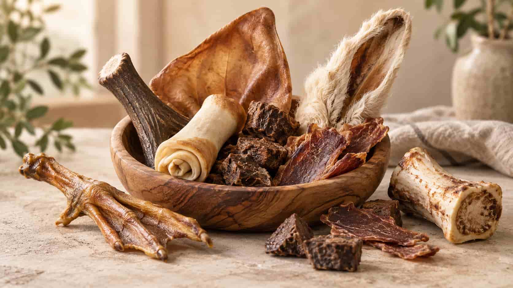 Skål med naturliga tuggben, tuggrullar och öron